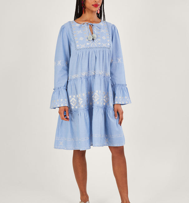 Embroidered tiered dress blue